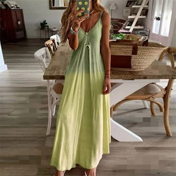 Aueoeo Summer Dresses for Teens, Women's Casual Loose Sundress Sleeveless V Neck Print Spaghetti Strap Maxi Long Dresses Summer Beach Dress