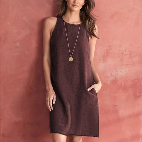 Aueoeo Summer Dresses for Women , Women's Summer Casual Tank Dress Crewneck Sleeveless Sundress Cotton Linen Dress Loose Mini Dress with Pockets
