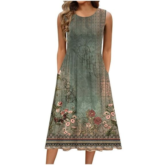 Aueoeo Summer Dresses for Women Casual Sleeveless Boho Tunic Waist Dresses Fashion Beach Flowy Tank Sundresses