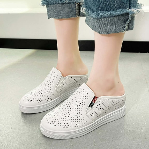 Aueoeo Summer Shoes For Womens Faux Leather Fashion Shoes Round Close Toe Flat Slides Hollow Out Dress Shoes