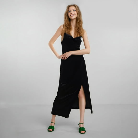 Aueoeo Suspender Nightgown For Women Velvet Soft Nightgowns Elegant Backless Nightdress Split Hem Sleeveless Sleepwear