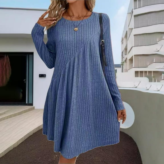Aueoeo Sweater Dress For Women Solid Color Long Sleeve Crew Neck Midi Dress Outfits Trendy Fashion Casual Daily Work Dresses