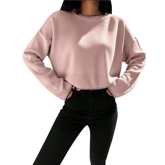 Aueoeo Sweaters For Teens, Soft Comfy Ladies' Casual Round-Neck Long-Sleeved Pullover Knitted Shirt Top Knitwear