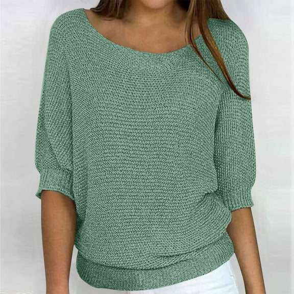 Aueoeo Sweaters For Women Spring Casual 3/4 Sleeve Plus Size Crew Neck Loose Pullover Knit Fall Sweaters Tops Green L