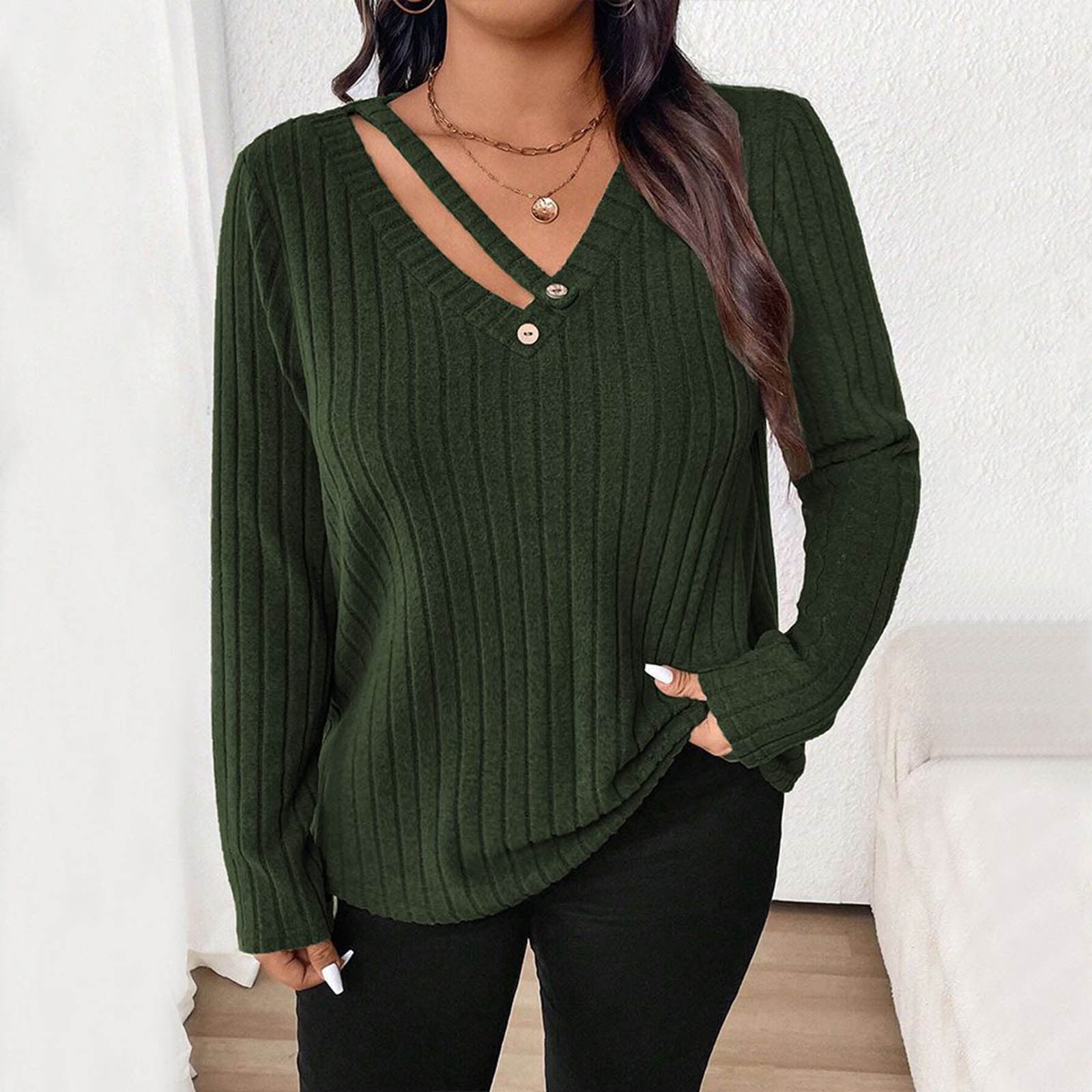 Aueoeo Sweaters For Women Fall Tops 2025 Fashion V Neck Long Sleeve