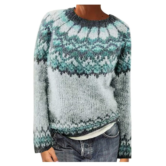 Aueoeo Sweaters For Women Long Sleeve Printed Round Neck Trendy Sweaters Woolen Knit Pullover Top Sweaters Blue S