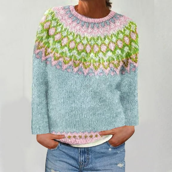 Aueoeo Sweaters For Women Long Sleeve Printed Round Neck Trendy Sweaters Woolen Knit Pullover Top Sweaters Light Blue XXL