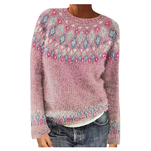 Aueoeo Sweaters For Women Long Sleeve Printed Round Neck Trendy Sweaters Woolen Knit Pullover Top Sweaters Pink S