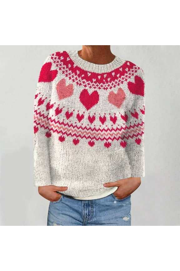 Sweaters For Women Long Sleeve Printed Round Neck Trendy Sweaters Woolen Knit Pullover Top Sweaters Red S