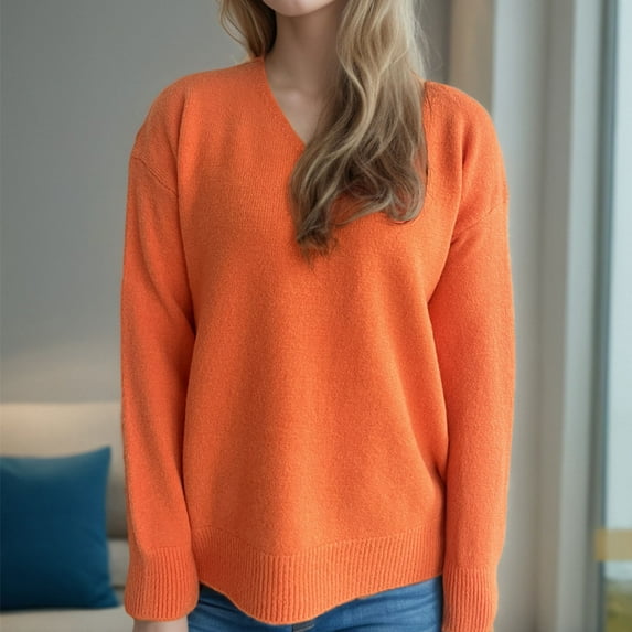 Aueoeo Sweaters For Women Trendy Long Sleeve Tops Shirts Acrylic Knitted Blouses V Neck Casual Women's Pullover Sweater Orange L