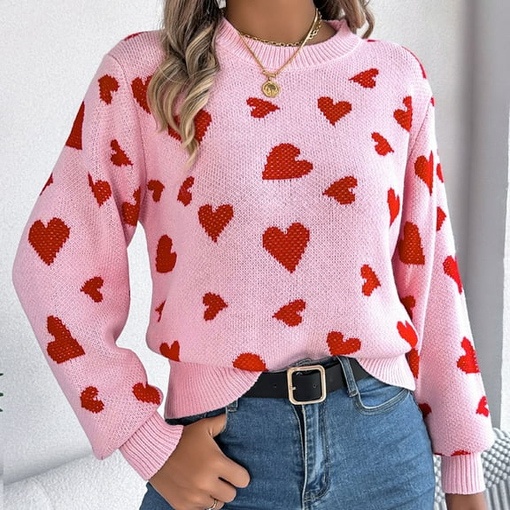 Aueoeo Sweaters for Women Casual Crewneck Long Sleeve Floral Print Heart Cable Knit Pullover Sweater Tops on Clearance