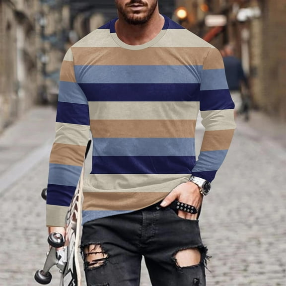 Aueoeo T Shirts For Men's T Shirts Men Casual Round Neck Long Sleeve Pullover Stripe Printed T-Shirt Blouse Custom T Shirt