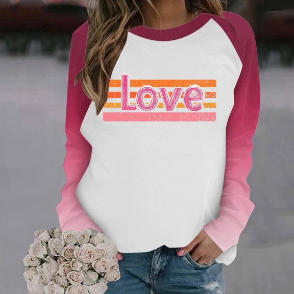 Aueoeo T Shirts For Women T Shirts Ladies' Casual 'S Heart Printed Long-Sleeved Crew Neck Top Customized T Shirts