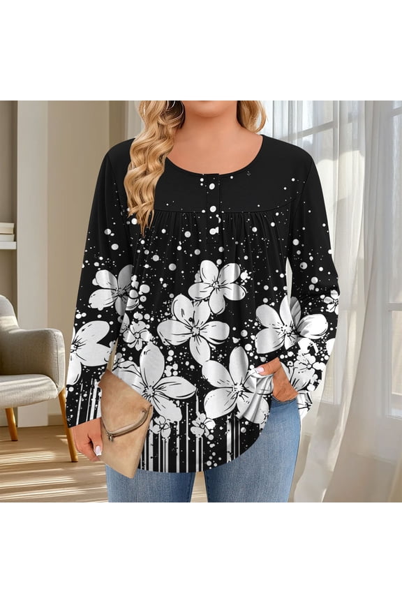 T Shirts For Women Women T Shirt Women's Fashion Printing Casual Round Neck Long Sleeve Button Loose T-Shirt Daily Printed Top Custom T Shirt
