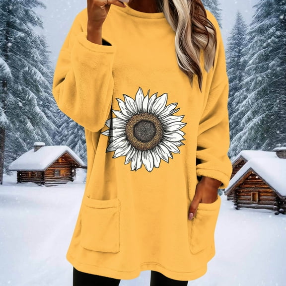 Aueoeo T Shirts For Women Workout Shirts Women Women‘S Winter Warm Round Neck Side Pocket Printing Long Sleeved Thick Hood Top Customized T Shirts