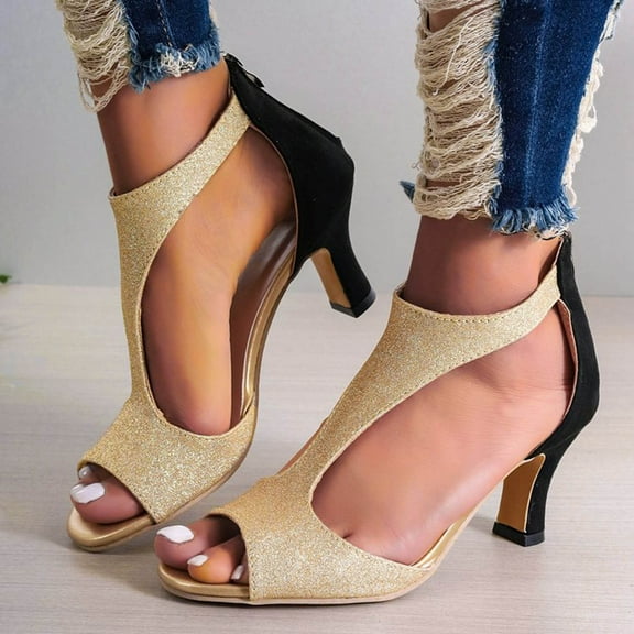 Aueoeo T-Strap Sandals For Women Vintage Cutout Low Block Heels Pumps Comfortable Flock Shoes With Back Zipper