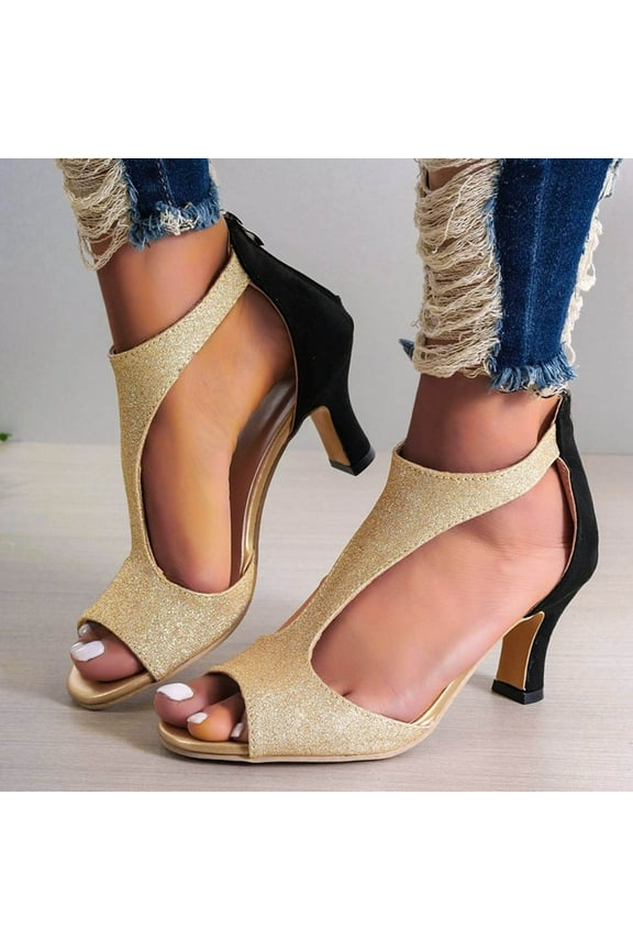 T-Strap Sandals For Women Vintage Cutout Low Block Heels Pumps Comfortable Flock Shoes With Back Zipper