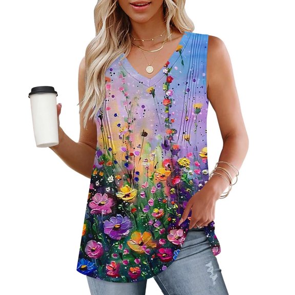 Aueoeo Tank Top for Women Loose Fits Outfits Trendy Flower Printed Vests Casual Summer V Neck Sleeveless Shirts