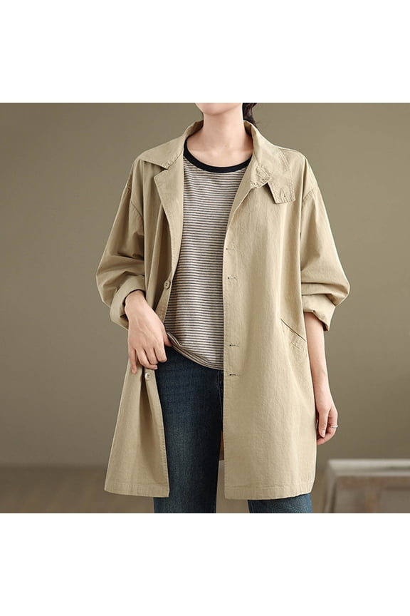 Thin Jacket For Women Fashion Spring Long Sleeve Laple Collar Loose Outwear Button Fashion Coat Pockets