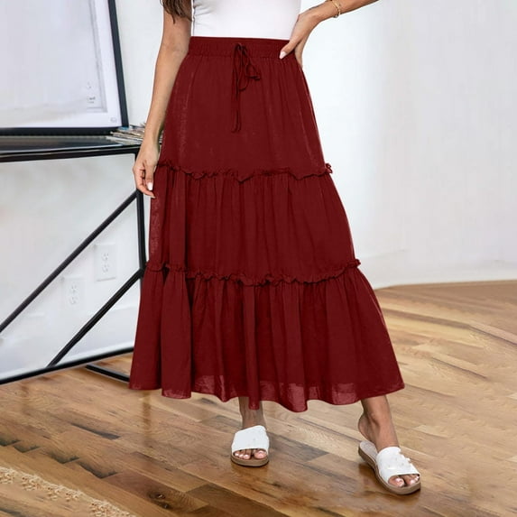 Aueoeo Tiered Skirts For Women Fashion Midi Skirts Summer Boho High Elastic Waist Flowy Drawstring A line Casual Cute Skirt