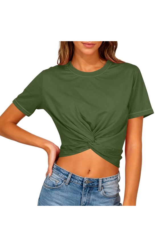 Top For Women Women Fashion Casual Solid Color Short-Sleeved Round Neck Backless Hollow Front And Back Wearable T-Shirt Short-Sleeved Round Neck Shirt Ladies Top And Blouses