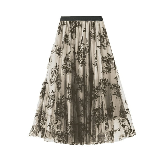 Aueoeo Tulles Skirts for Women Leaf Print Midi Skirt High Waist Layered Skirt A-line Mesh Swings Skirts Beige L