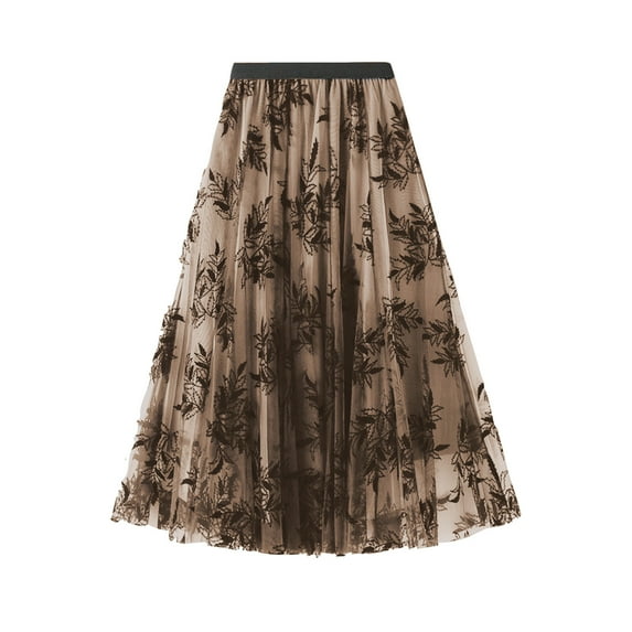 Aueoeo Tulles Skirts for Women Leaf Print Midi Skirt High Waist Layered Skirt A-line Mesh Swings Skirts Khaki M