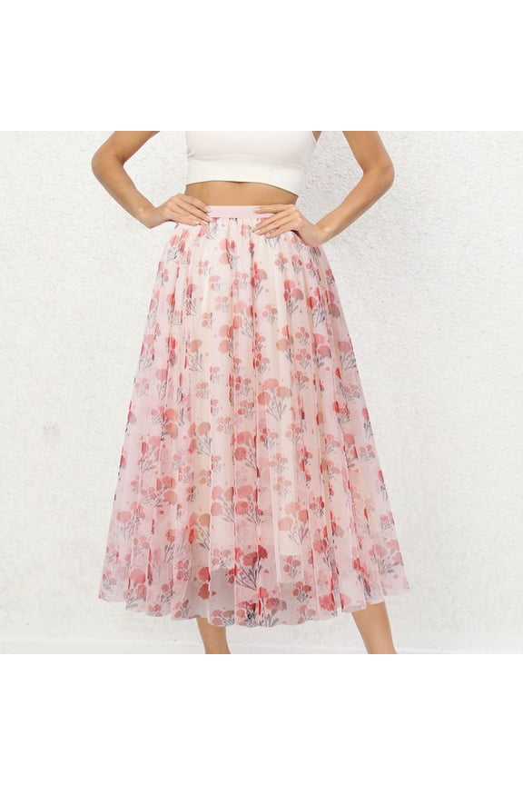Tulles Skirts for Women ,Mesh Layered Maxi Skirt, Elegt Flower Printed Dress, High Elastic Waist Party Yarn Skirt Pink L