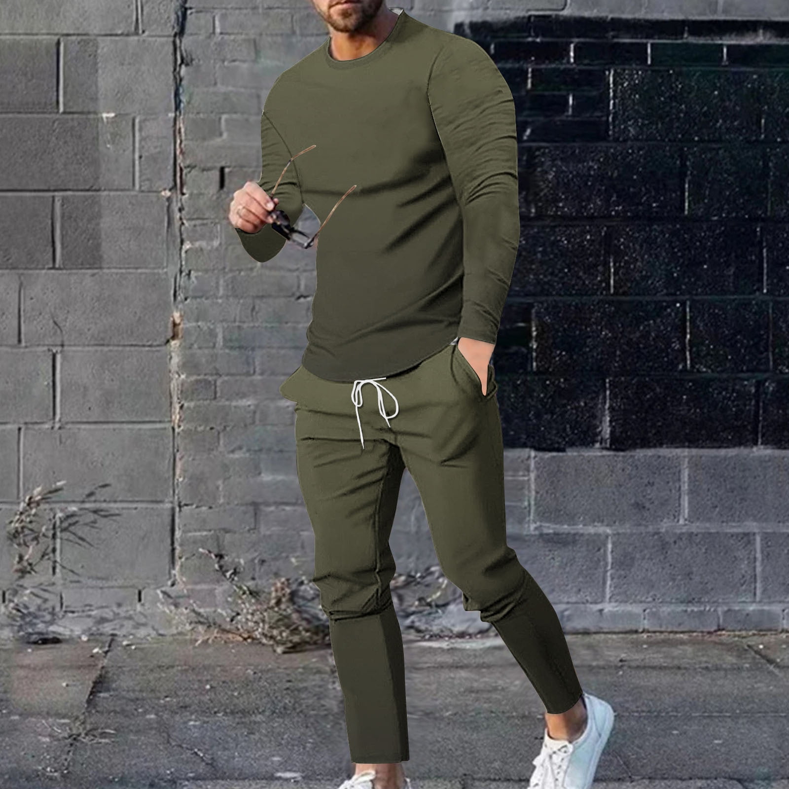 Aueoeo Two Piece Outfits For Mens Solid Color Long Sleeve T Shirt Tops ...