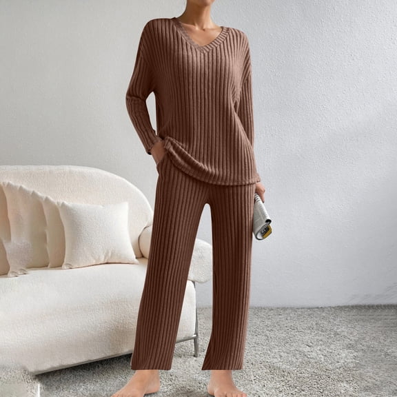 Aueoeo Two Piece Outfits For Women Trendy Sets Ribbed Knit Long Sleeve V-Neck Top & Wide Leg Sweatpants Matching Causal Set