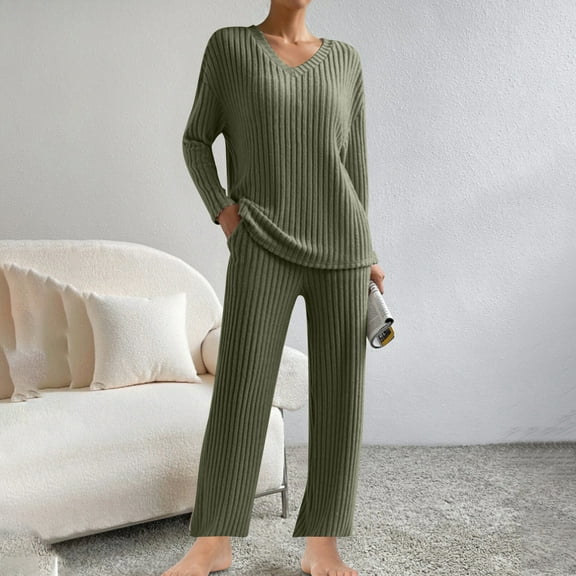 Aueoeo Two Piece Outfits For Women Trendy Sets Ribbed Knit Long Sleeve V-Neck Top & Wide Leg Sweatpants Matching Causal Set