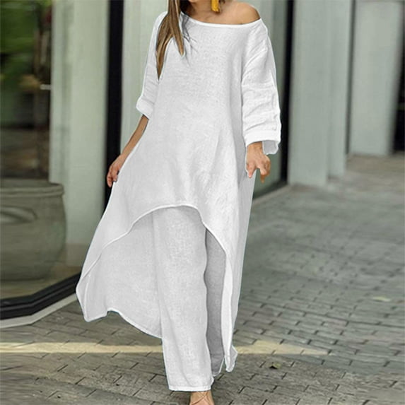Aueoeo Two Piece Sets for Women, 2 Piece Outfits for Women Long Sleeve Linen Sets Athletic Baggy Pants Loose Fit Dressy Casual Tracksuit Sets