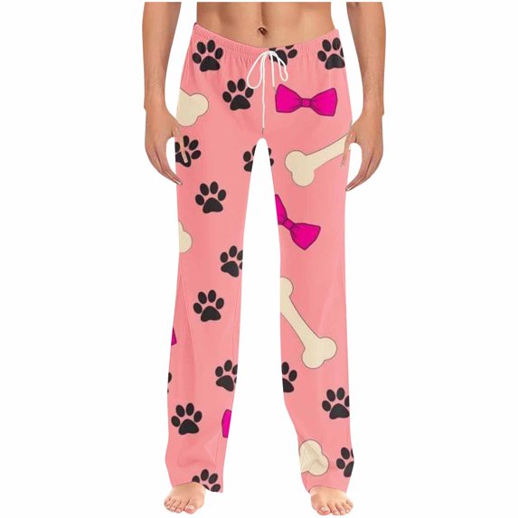 Aueoeo Unisex Pajama Pants For Men And Women Paw & Bones Print Sleep Pants Drawstring Straight Leg Homewear Pants
