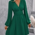 thumbnail image 1 of Aueoeo V-Neck Dress For Womens Casual Long Sleeve A-Line Ruffle Midi Dress Fashion Pleated Flowy Sundress Loose Shirt Dresses, 1 of 7