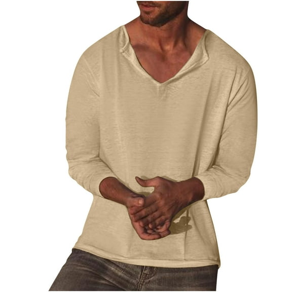Aueoeo V Neck Shirts for Men Casual Fashion Solid Color Long Sleeve Shirt Vintage Tees for Men Tops