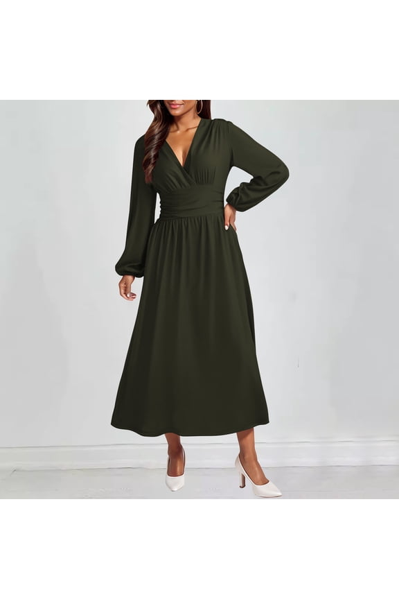 V-neck Dress For Women's Solid Color Long Sleeve Dress Pleated Trendy Fashion A Line Maxi Dress