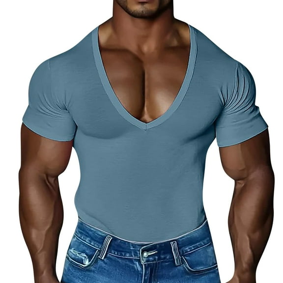 Aueoeo V-neck T-shirt for Mens Short Sleeved Top Summer Casual Solid Color Comfortable Lightweight Top