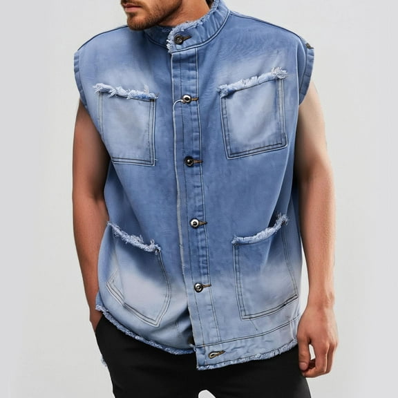 Aueoeo Vests For Men Casual Denim Jacket Mock Neck Vintage Button Up Sleeveless Ripped Jeans Vests With Multi-Pocket