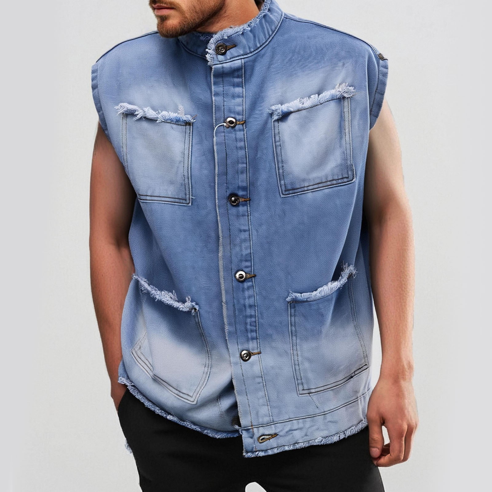 Aueoeo Vests For Men Casual Denim Jacket Mock Neck Vintage Button Up ...