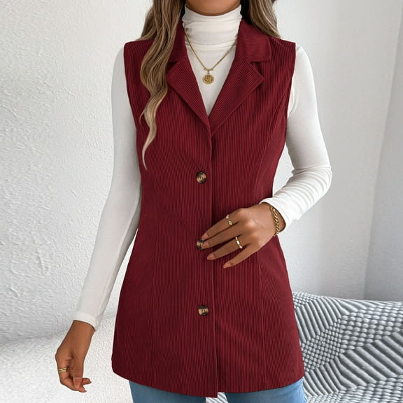 Aueoeo Vests for Women Work Vests Casual Solid Color Fall Winter Button Turndown Collar Blouse Outwear Jackets