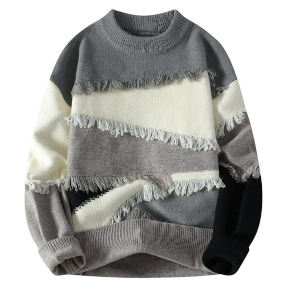 Aueoeo Vintage Sweater For Men Plus Size Cable Knit Crewneck Pullover Casual Long Sleeve Color Striped Sweater