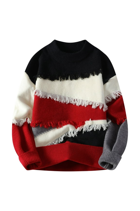 Vintage Sweater For Men Plus Size Cable Knit Crewneck Pullover Casual Long Sleeve Color Striped Sweater