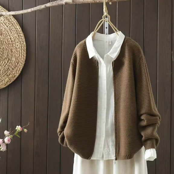 Aueoeo Vintage Sweater Work Sweater Women's Fashion Solid Color Leisure Long Sleeve Cardigan Knit Round-Neck Sweater Coat Cute Sweaters For Teens