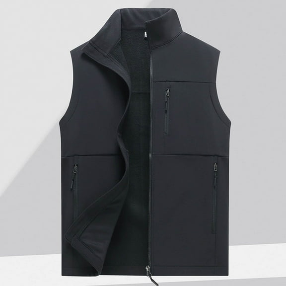 Aueoeo Waistcoat For Men Full Zipper Vests Stand Collar Work Jacket Outdoor Fleece Lined Waistcoat With Zipper Pockets