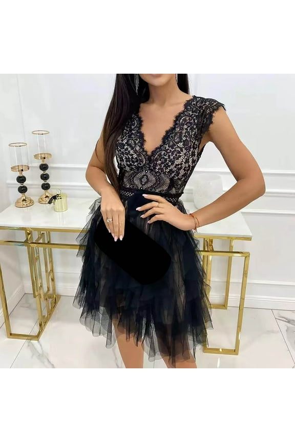 Wedding Dresses for Bride, Midi Dresses for Women Wedding Guest Women's Summer Dress Lace Dress Crew Neck Short Sleeve Elastic Waist Dress Beach Dress Sun Dress Ruffled Flowy Mini Dress