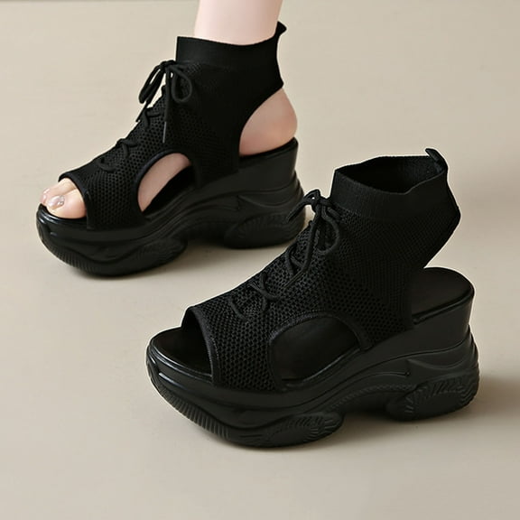 Aueoeo Wedge Sandals For Women Knitted Mesh Dressy Summer Comfortable High Platforms Strappy Wedges Sandals