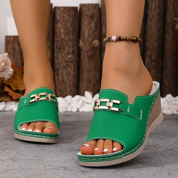 Aueoeo Wedge Slippers for Women Round Open Toe Wedge Shoes High Heeled Trendy Soft Comfy Slippers
