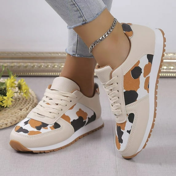 Aueoeo Wedge Sneakers for Women, Sneakers for Women Leopard Patchwork Lace Up Walking Shoes Comfortable Tennis Running Shoes Womens Sneakers