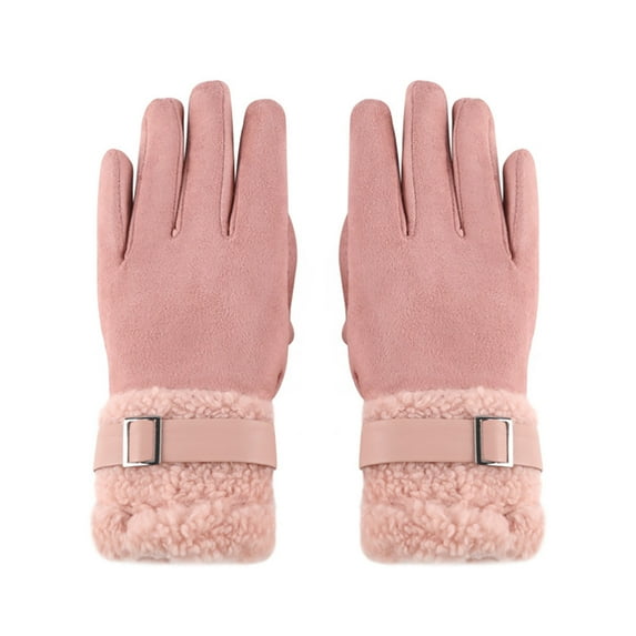 Aueoeo Winter Gloves For Women Touched Screen Gloves Fashion Warm Fleece Lined Gloves With Straps Thermal Full Finger Bike Gloves Pink
