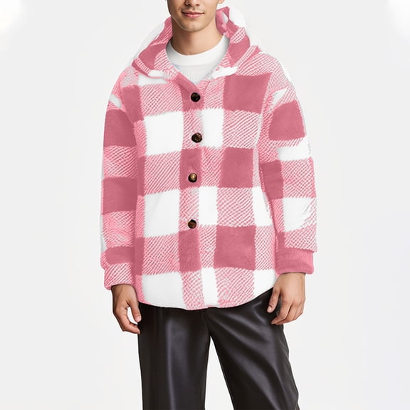 Aueoeo Winter Jackets For Men Plaid Shirt Flannel Double-Sided Velvet Button Hooded Winter Warm Sweatshirt Pink X-Large